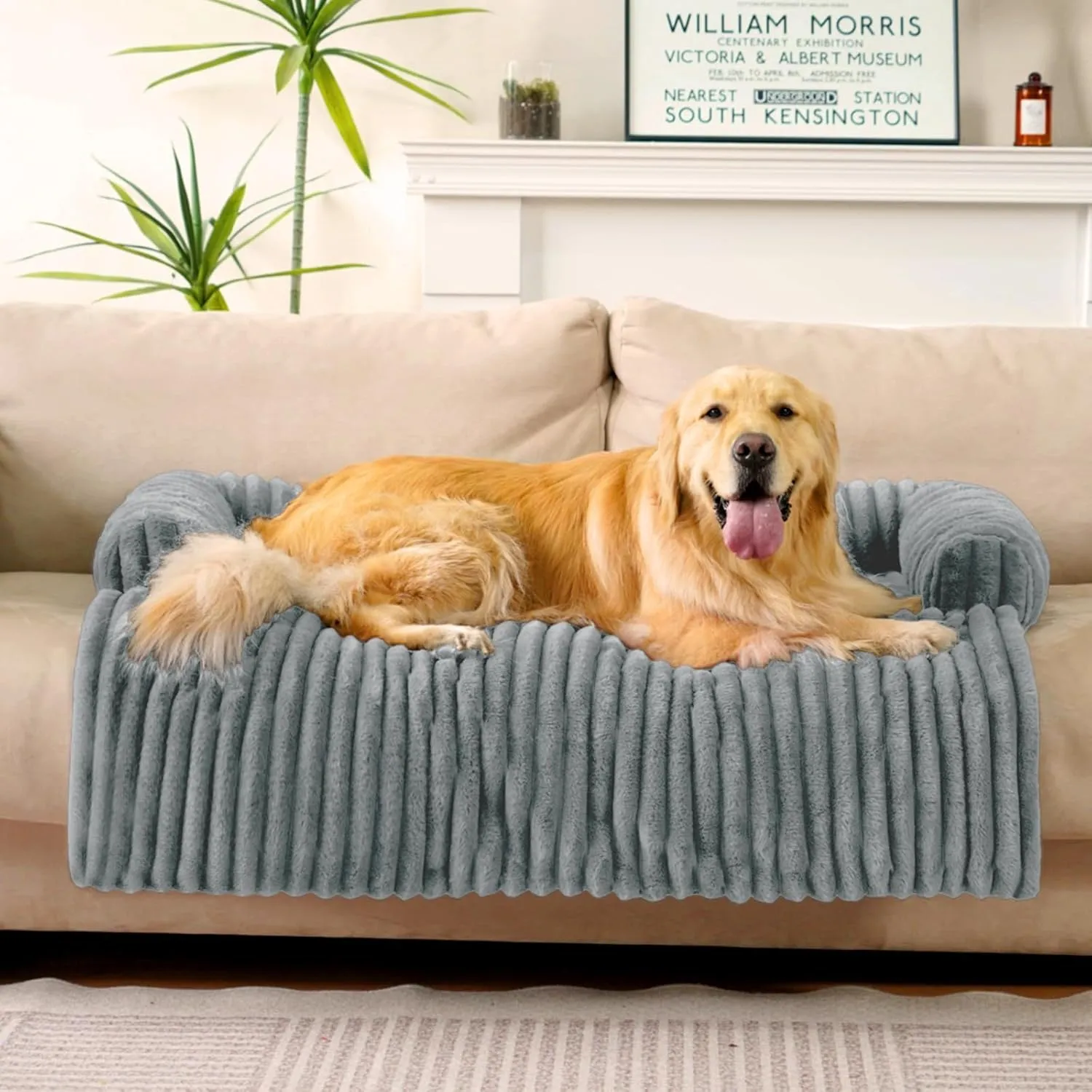 FUNNY FUZZY Pet Couch Cover for Sofa, Calming Dog Bed for Couch, Fluffy Plush Dog Couch Mat for Furniture Protector for Large Medium Small Pets, 4737 in, Mist Grey
