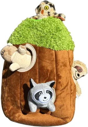 Hide and Seek Dog Toy, Interactive Plush Burrow Toy with Squeaker for Puppies, Woodland Animals Inside Trunk, Mental Stimulation, Medium Size, Brown (Raccoon, Squirrel, Sloth, Owl)