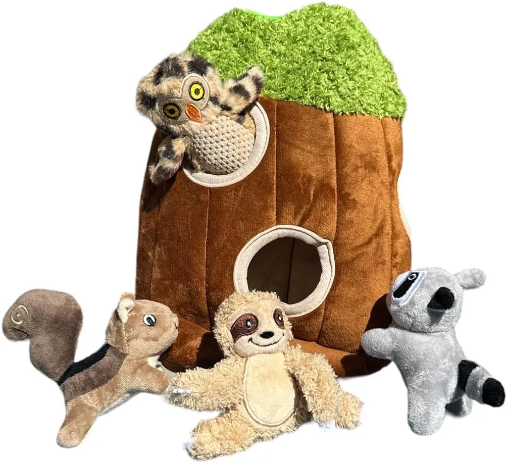 Hide and Seek Dog Toy, Interactive Plush Burrow Toy with Squeaker for Puppies, Woodland Animals Inside Trunk, Mental Stimulation, Medium Size, Brown (Raccoon, Squirrel, Sloth, Owl)