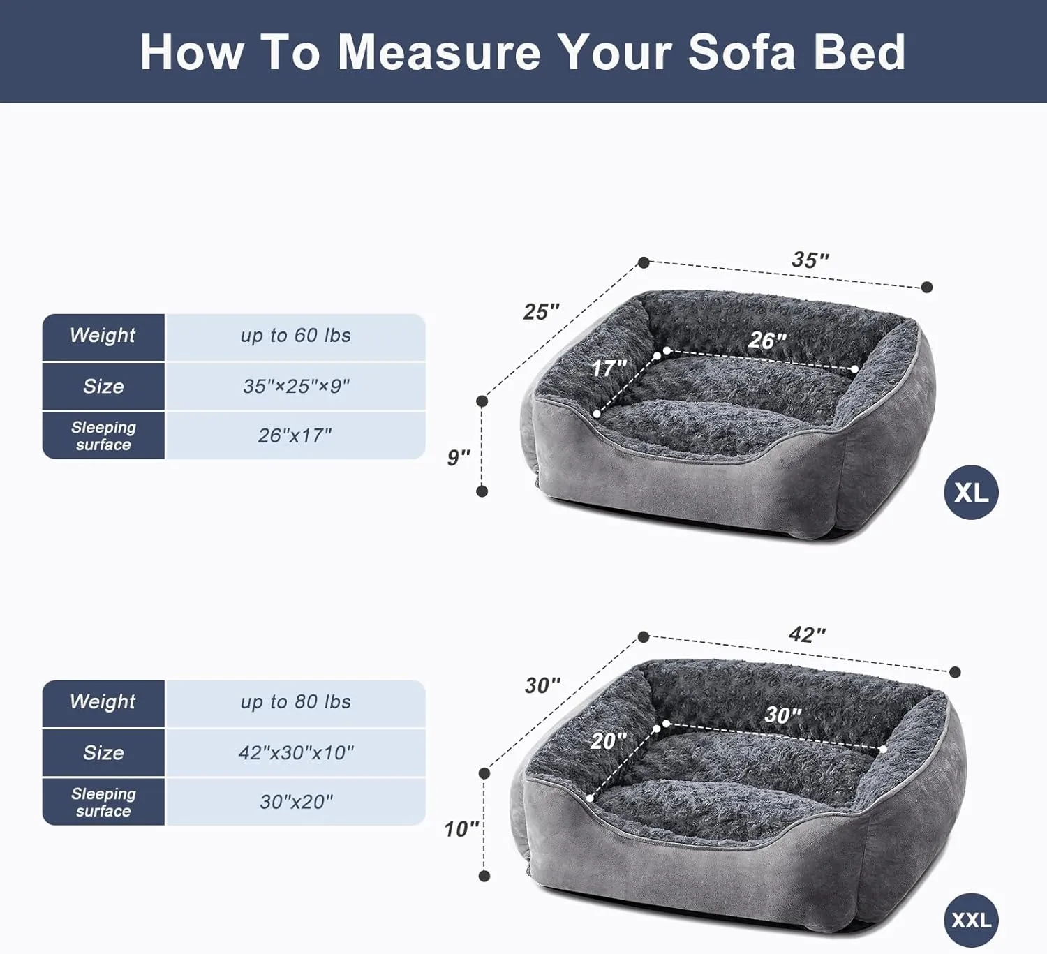 JOEJOY Rectangle Dog Bed for Large Medium Small Dogs Machine Washable Sleeping Dog Sofa Bed Non-Slip Bottom Breathable Soft Puppy Bed Durable Orthopedic Calming Pet Cuddler, Multiple Size, Grey