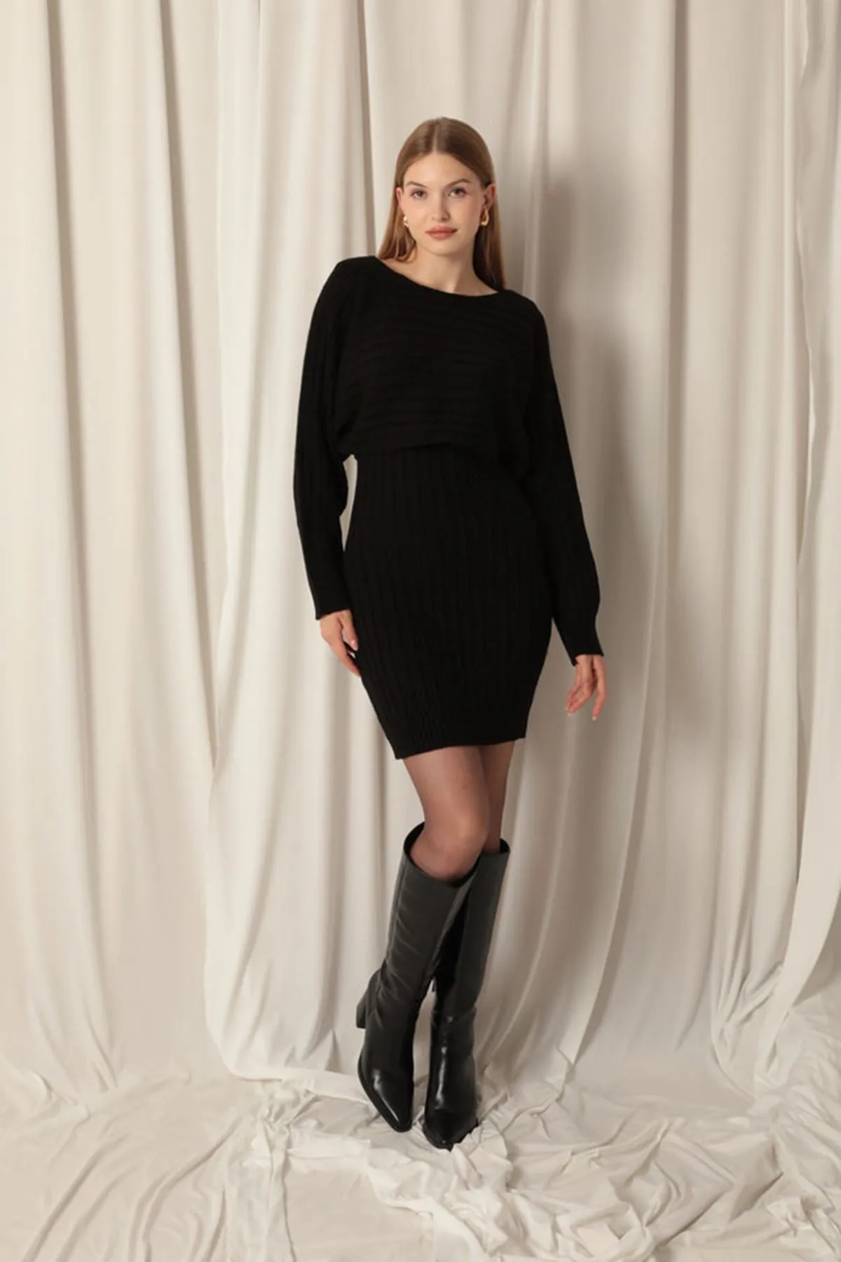 KKT Black Dress Set with Knitted Fabric Sweater - Texcoco