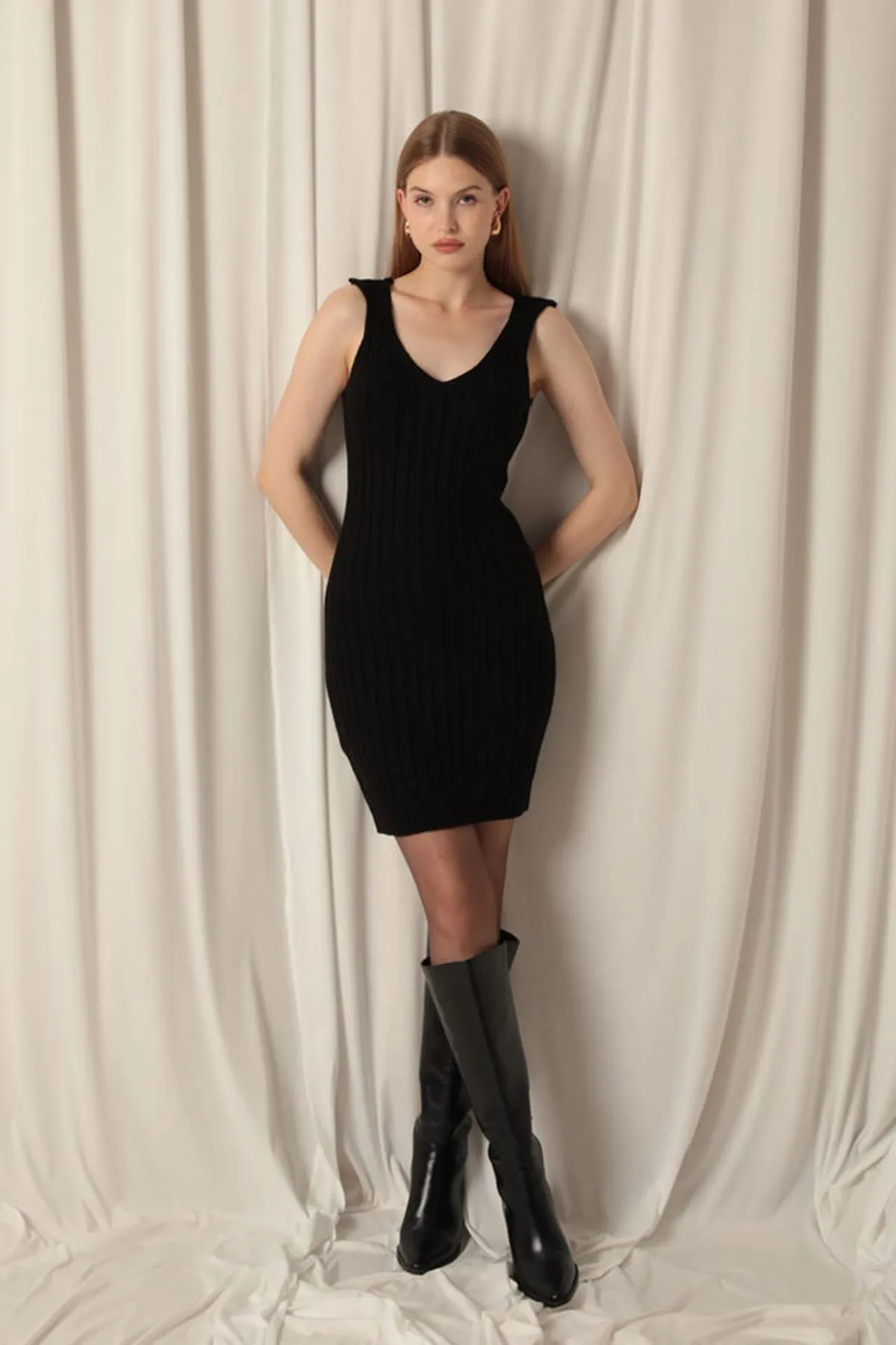 KKT Black Dress Set with Knitted Fabric Sweater - Texcoco
