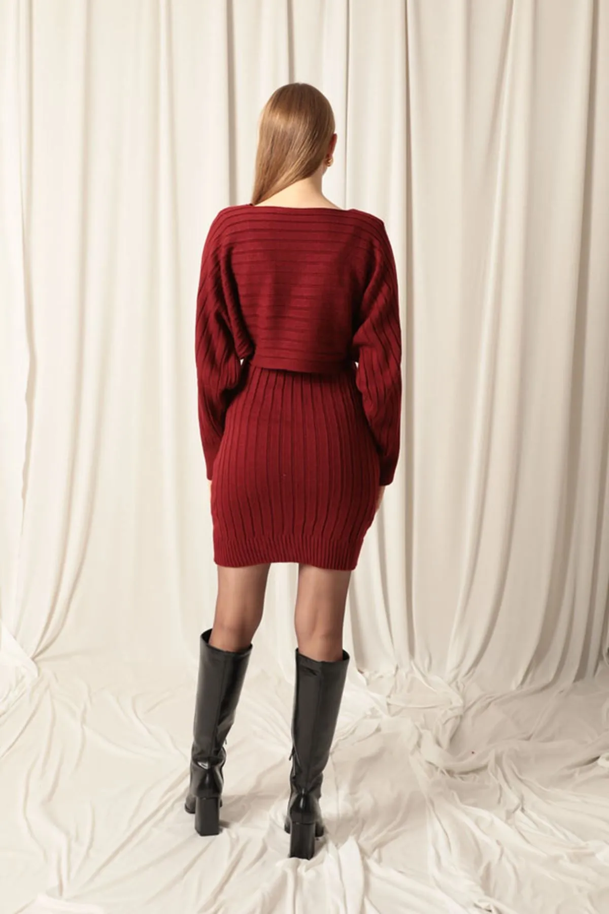 KKT Burgundy Dress Set with Knitted Fabric Sweater - Dachau