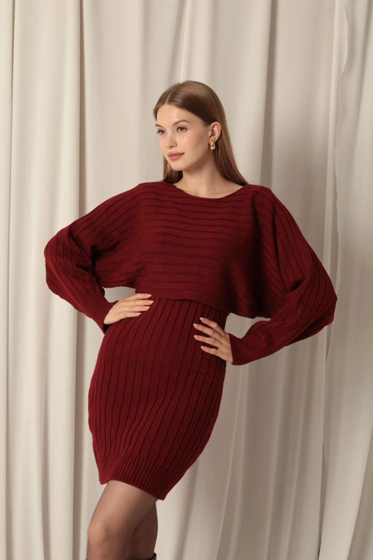 KKT Burgundy Dress Set with Knitted Fabric Sweater - Dachau