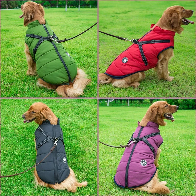 Large Pet Dog Jacket With Harness Winter Warm Dog Clothes Waterproof Big Dog Coat