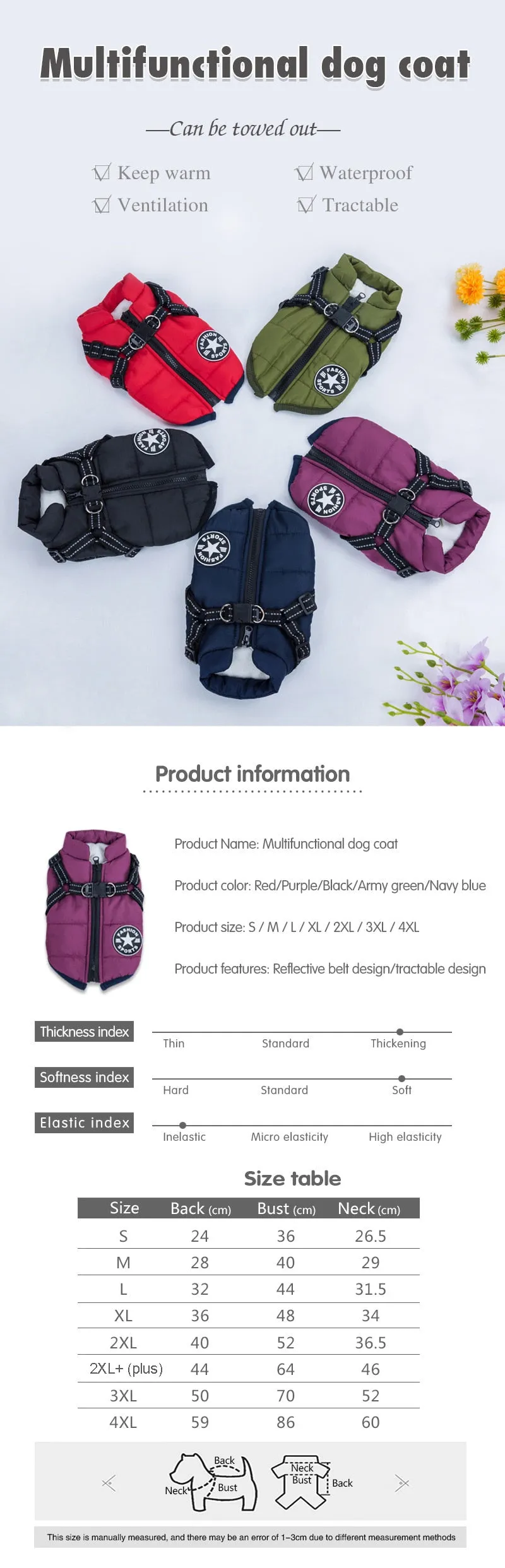 Large Pet Dog Jacket With Harness Winter Warm Dog Clothes Waterproof Big Dog Coat