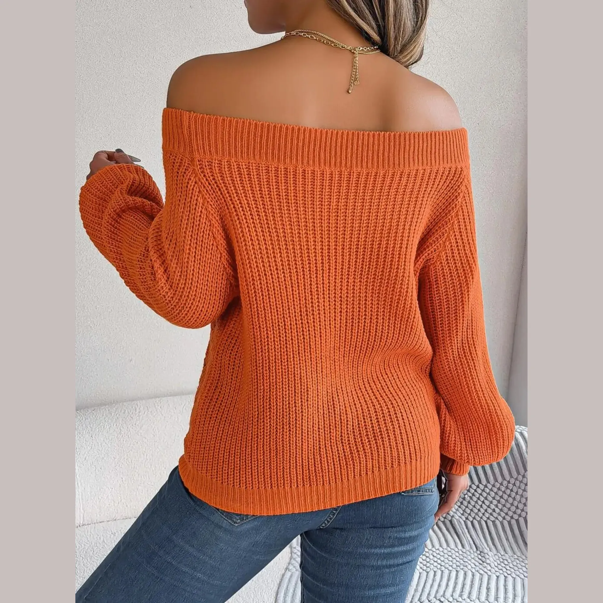 Loni - Orange Knitted Off The Shoulder Sweater Top