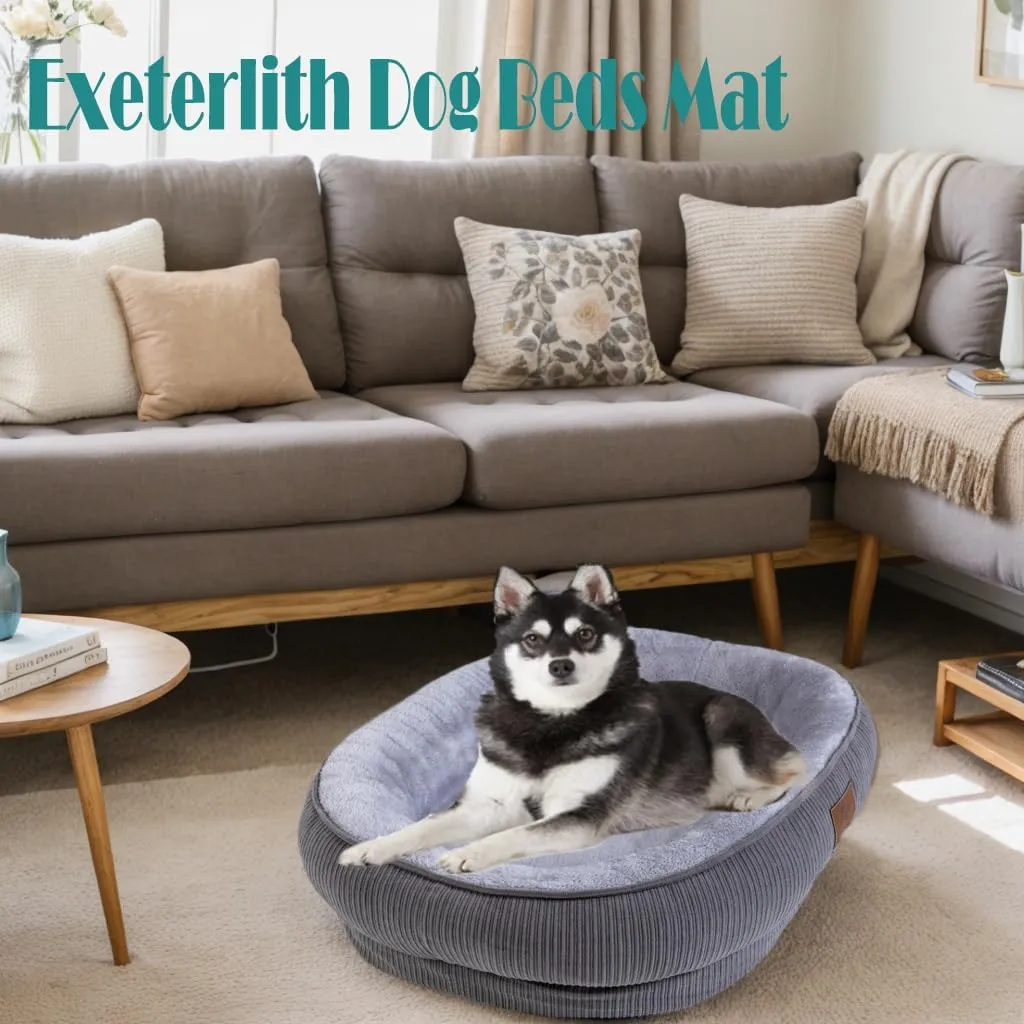 Medium Dog Bed, Round Sofa with Calming Bolster, Washable Cover (Grey, 25.6'' x 21.6'' x 6.3'')