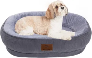 Medium Dog Bed, Round Sofa with Calming Bolster, Washable Cover (Grey, 25.6'' x 21.6'' x 6.3'')