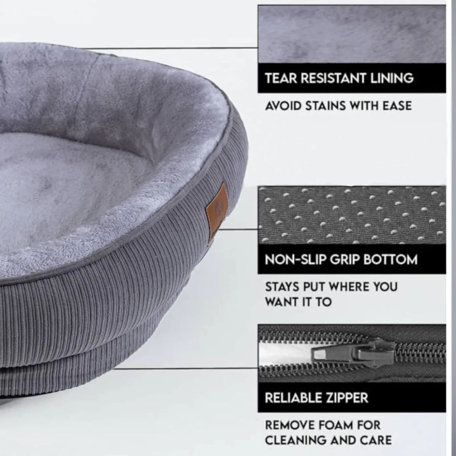 Medium Dog Bed, Round Sofa with Calming Bolster, Washable Cover (Grey, 25.6'' x 21.6'' x 6.3'')