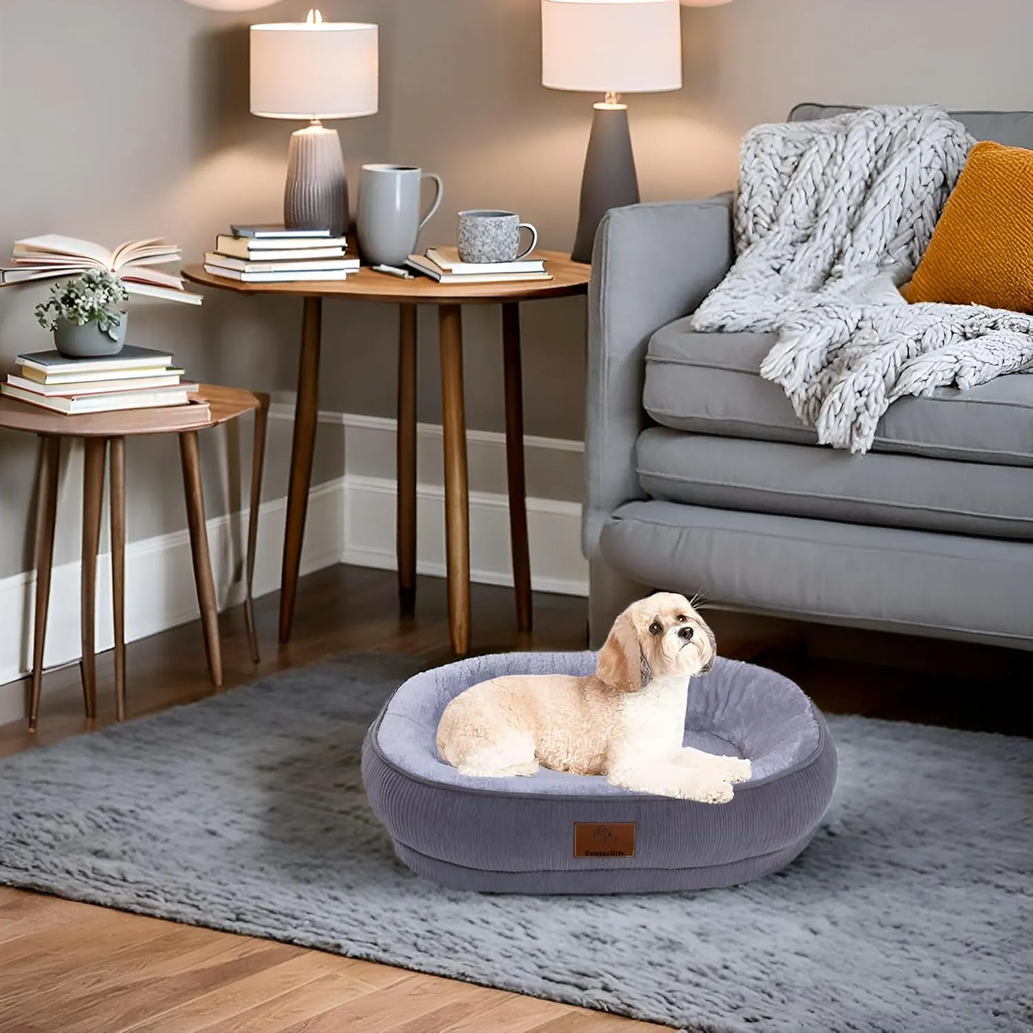 Medium Dog Bed, Round Sofa with Calming Bolster, Washable Cover (Grey, 25.6'' x 21.6'' x 6.3'')