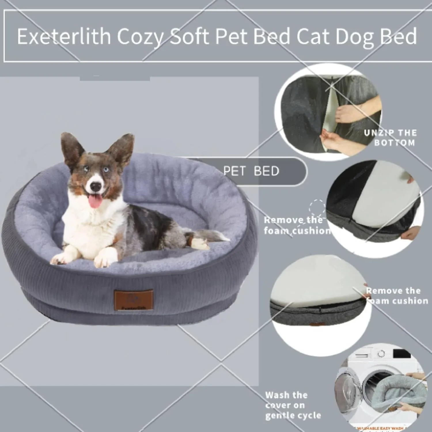 Medium Dog Bed, Round Sofa with Calming Bolster, Washable Cover (Grey, 25.6'' x 21.6'' x 6.3'')