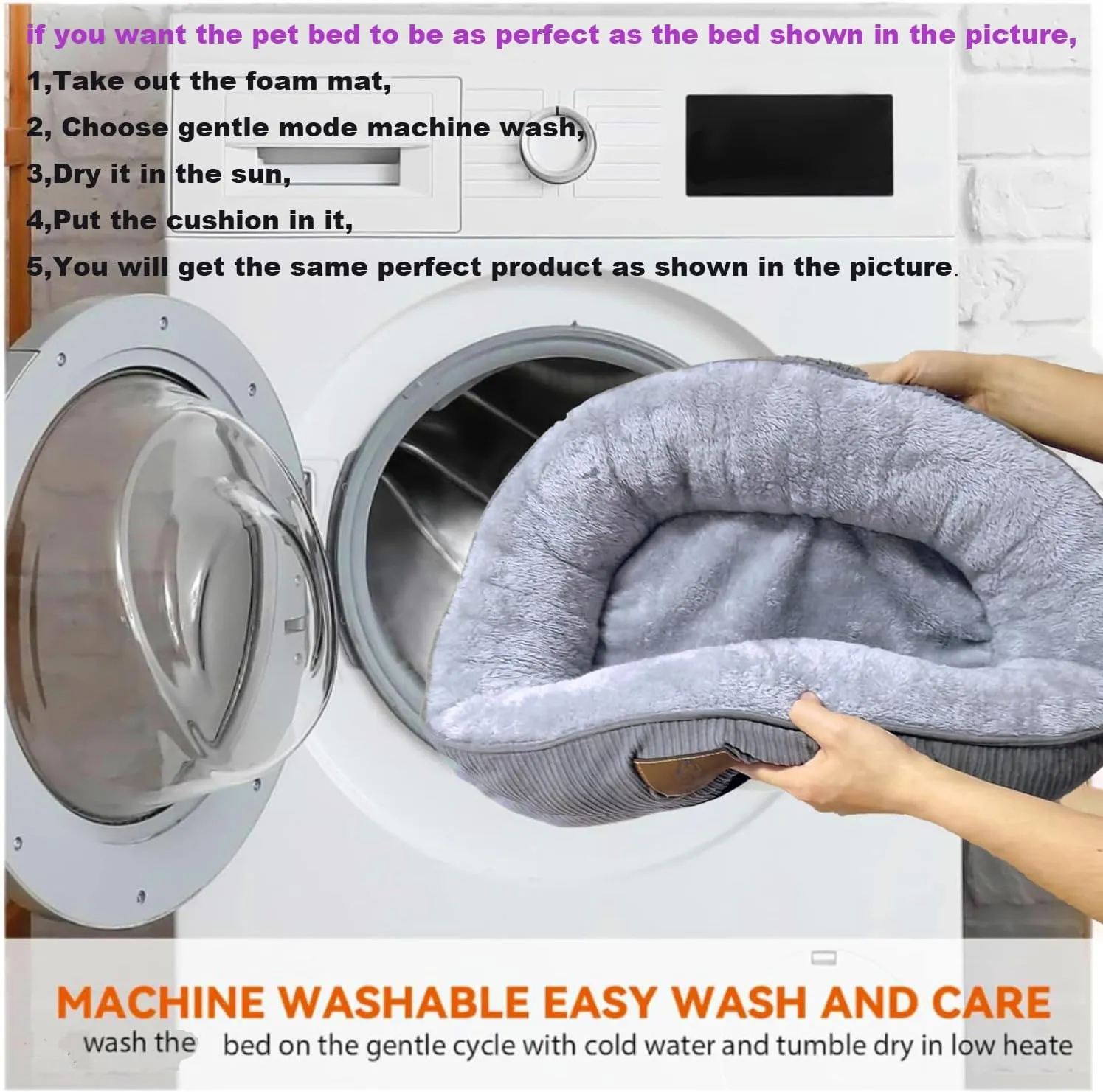 Medium Dog Bed, Round Sofa with Calming Bolster, Washable Cover (Grey, 25.6'' x 21.6'' x 6.3'')