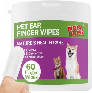 MEIQIHOME 60 Count Dog Ear Wipes Finger,Gently Remove Ear Wax,Debris,Sooths & Deodorizes,Disposable Gentle Cleaning,Cat Ear Cleaner,Dog Ear Cleaner,Pet Ear Cleaning Finger Wipes,Dog Ear Wipes