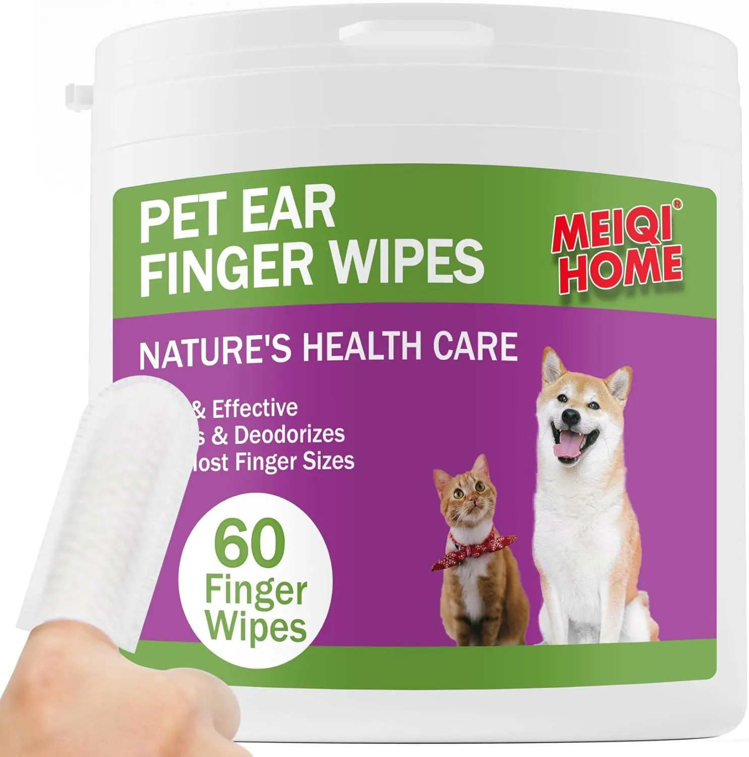 MEIQIHOME 60 Count Dog Ear Wipes Finger,Gently Remove Ear Wax,Debris,Sooths & Deodorizes,Disposable Gentle Cleaning,Cat Ear Cleaner,Dog Ear Cleaner,Pet Ear Cleaning Finger Wipes,Dog Ear Wipes
