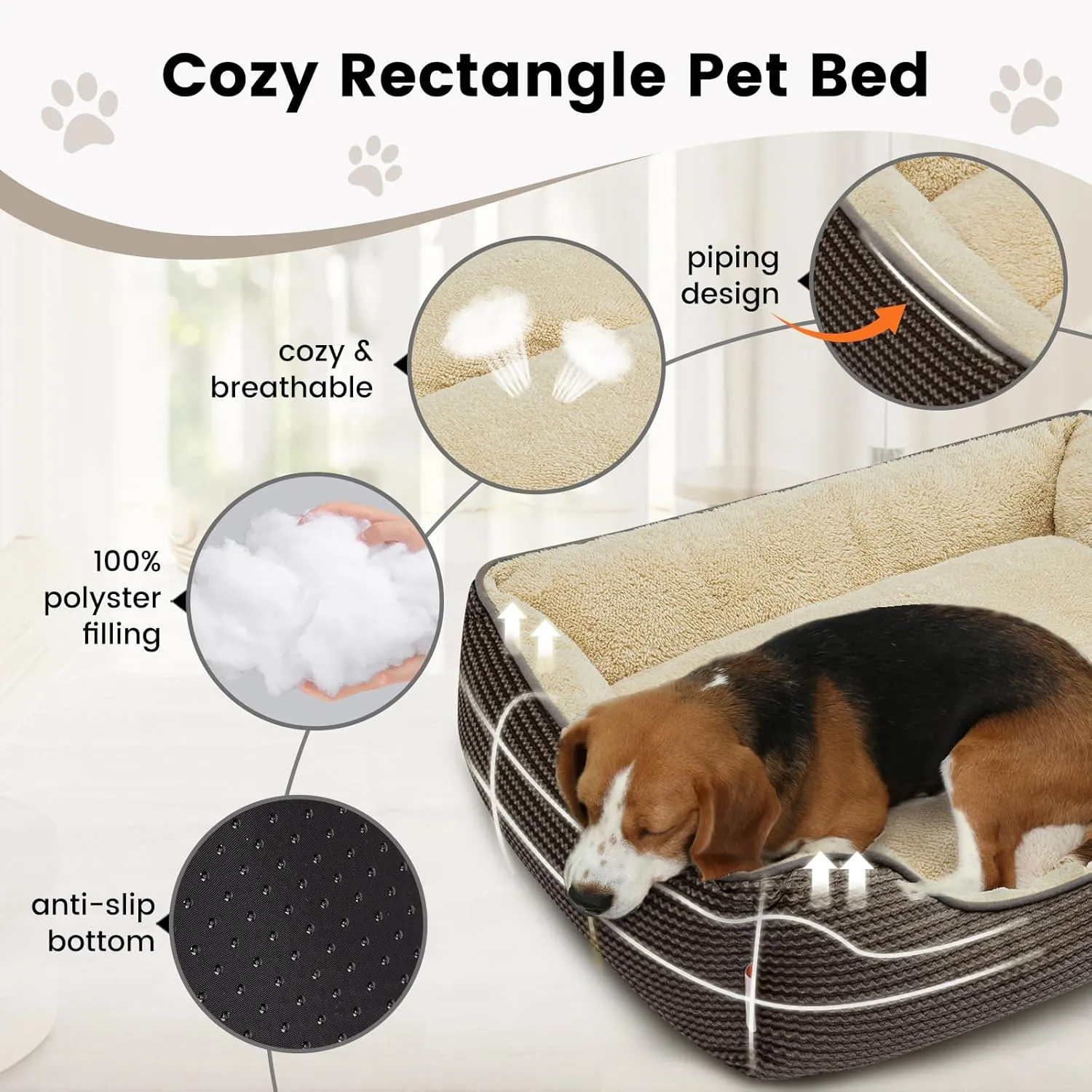 Miguel Dog Bed with Removable Cushion/Pillow for Small Dogs, Washable Pet Bed with Side Easy to Wash Puppy Bed, Rectangle Cat Beds for Indoor Cats with Anti-Slip Bottom, Khaki 20 Inch