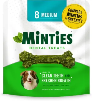 Minties Dental Chews for Dogs, 8 Count, Vet-Recommended Mint-Flavored Treats for Medium Dogs 25-50 lbs, Dental Bones Clean Teeth, Fight Bad Breath, and Removes Plaque and Tartar