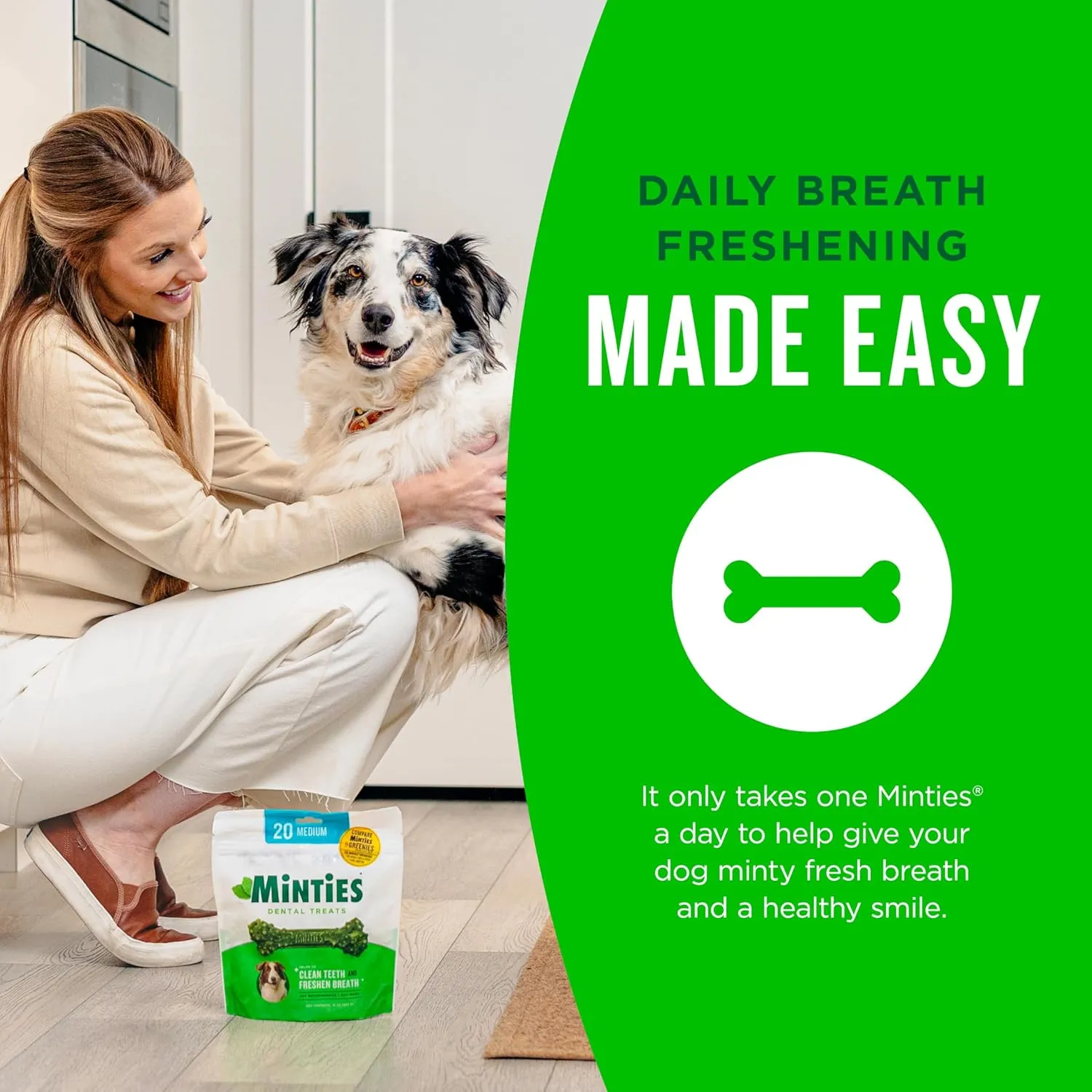 Minties Dental Chews for Dogs, 8 Count, Vet-Recommended Mint-Flavored Treats for Medium Dogs 25-50 lbs, Dental Bones Clean Teeth, Fight Bad Breath, and Removes Plaque and Tartar