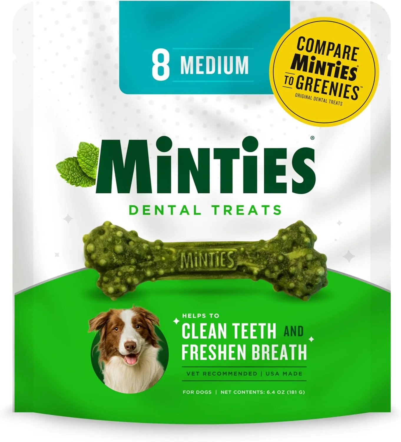 Minties Dental Chews for Dogs, 8 Count, Vet-Recommended Mint-Flavored Treats for Medium Dogs 25-50 lbs, Dental Bones Clean Teeth, Fight Bad Breath, and Removes Plaque and Tartar