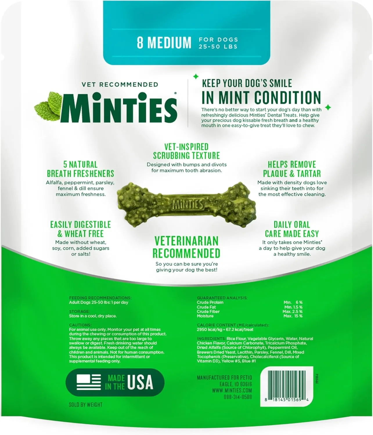Minties Dental Chews for Dogs, 8 Count, Vet-Recommended Mint-Flavored Treats for Medium Dogs 25-50 lbs, Dental Bones Clean Teeth, Fight Bad Breath, and Removes Plaque and Tartar
