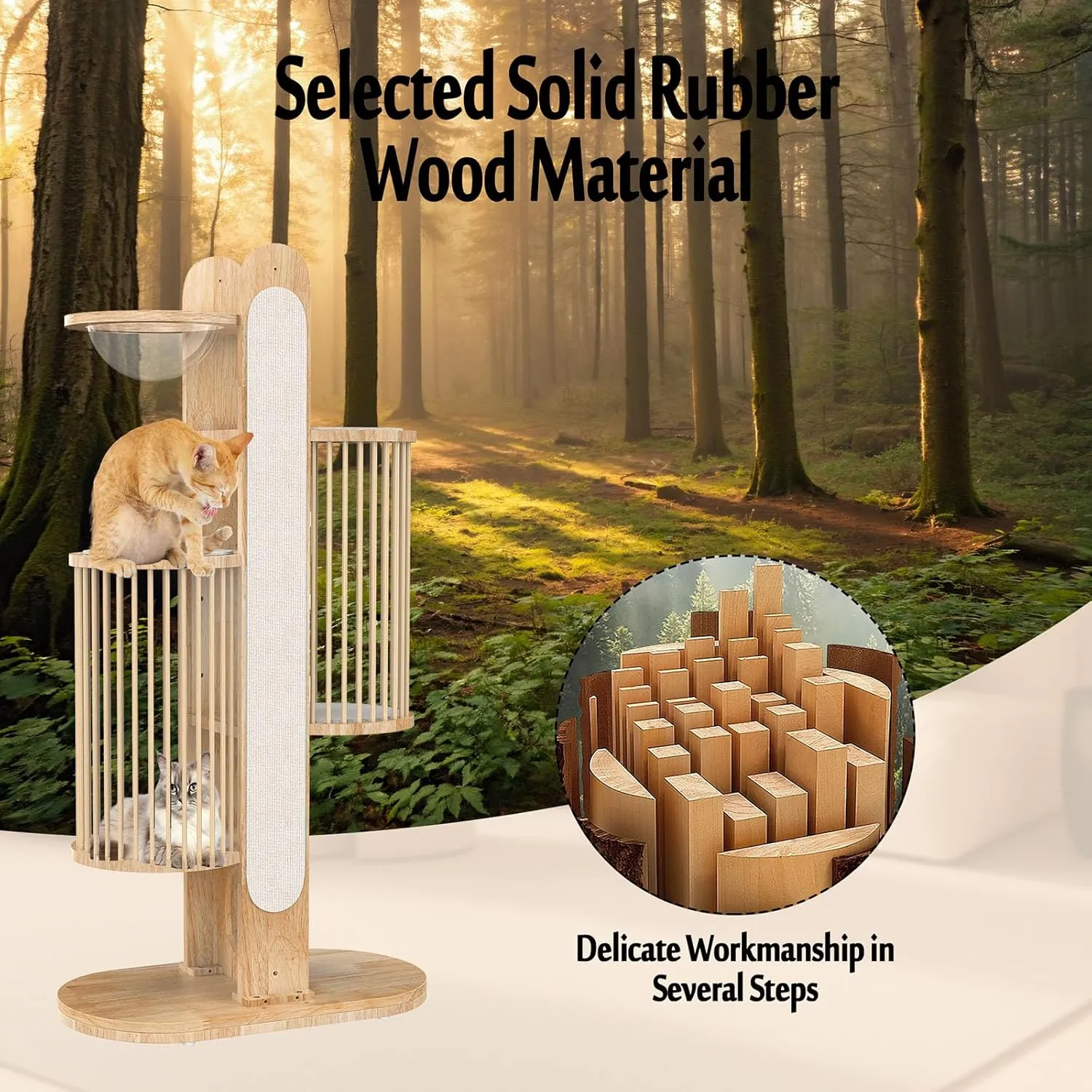 Modern Cat Tree Tower for Indoor Cats, 67" Tall Solid Wood Cat Tower with Scratching Posts, 6 Level Natural Luxury Cat House with Big Bed (White   Brown)