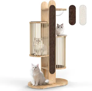Modern Cat Tree Tower for Indoor Cats, 67" Tall Solid Wood Cat Tower with Scratching Posts, 6 Level Natural Luxury Cat House with Big Bed (White   Brown)