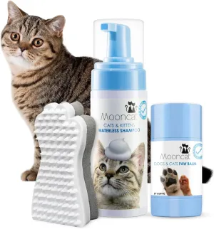 Mooncat Pet Grooming & Hydration Care Bundle - Waterless Cat Shampoo for Sphynx Cats (5oz)   Moisturizing Dog Paw Balm for Dry Paws & Nose | Licking Safe, Paraben-Free, Oil Control Cat Shampoo   Natur