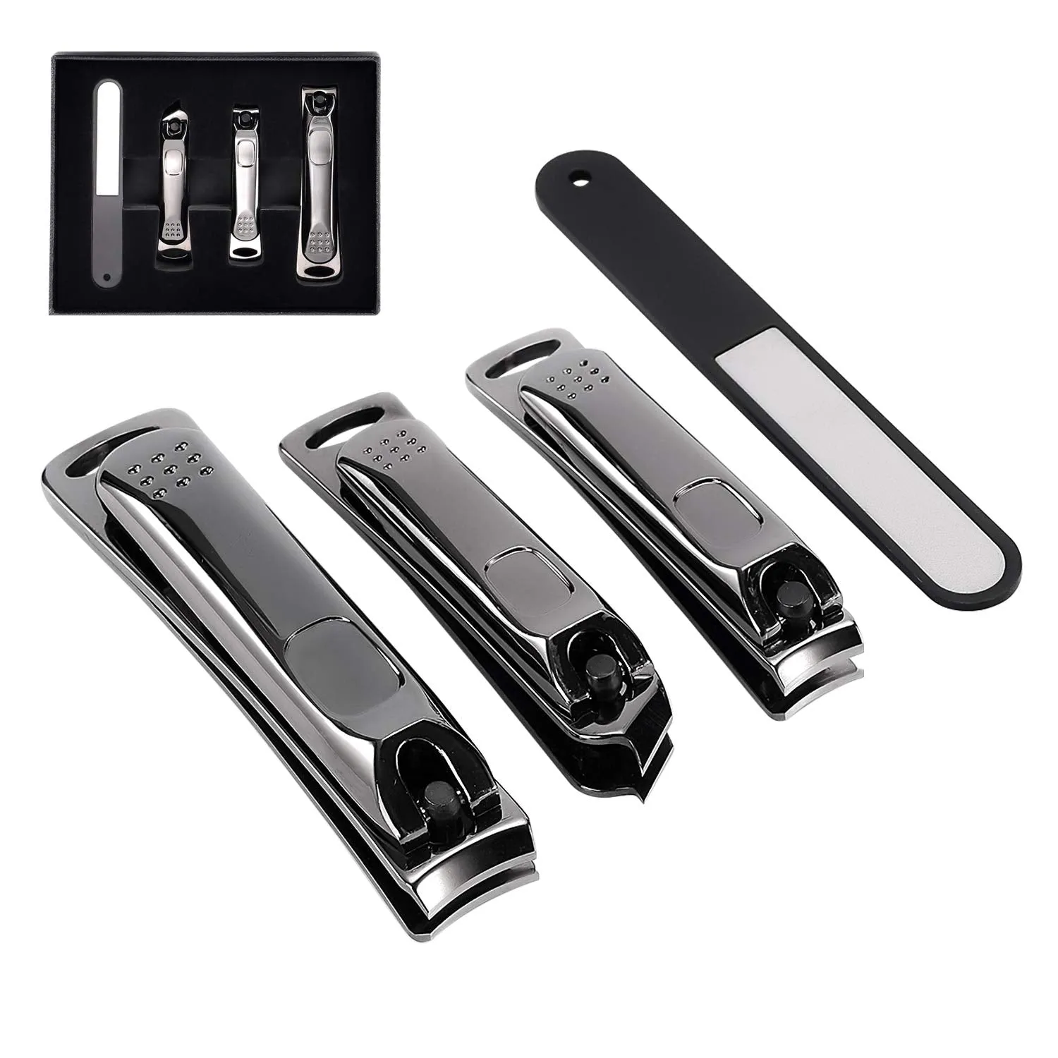 Nail Clippers with Catcher,No Splash Toenail Fingernail Clippers Nail Cutter Trimmer Set with Metal Case,Black Stainless Steel,Good Gift for Women and Men