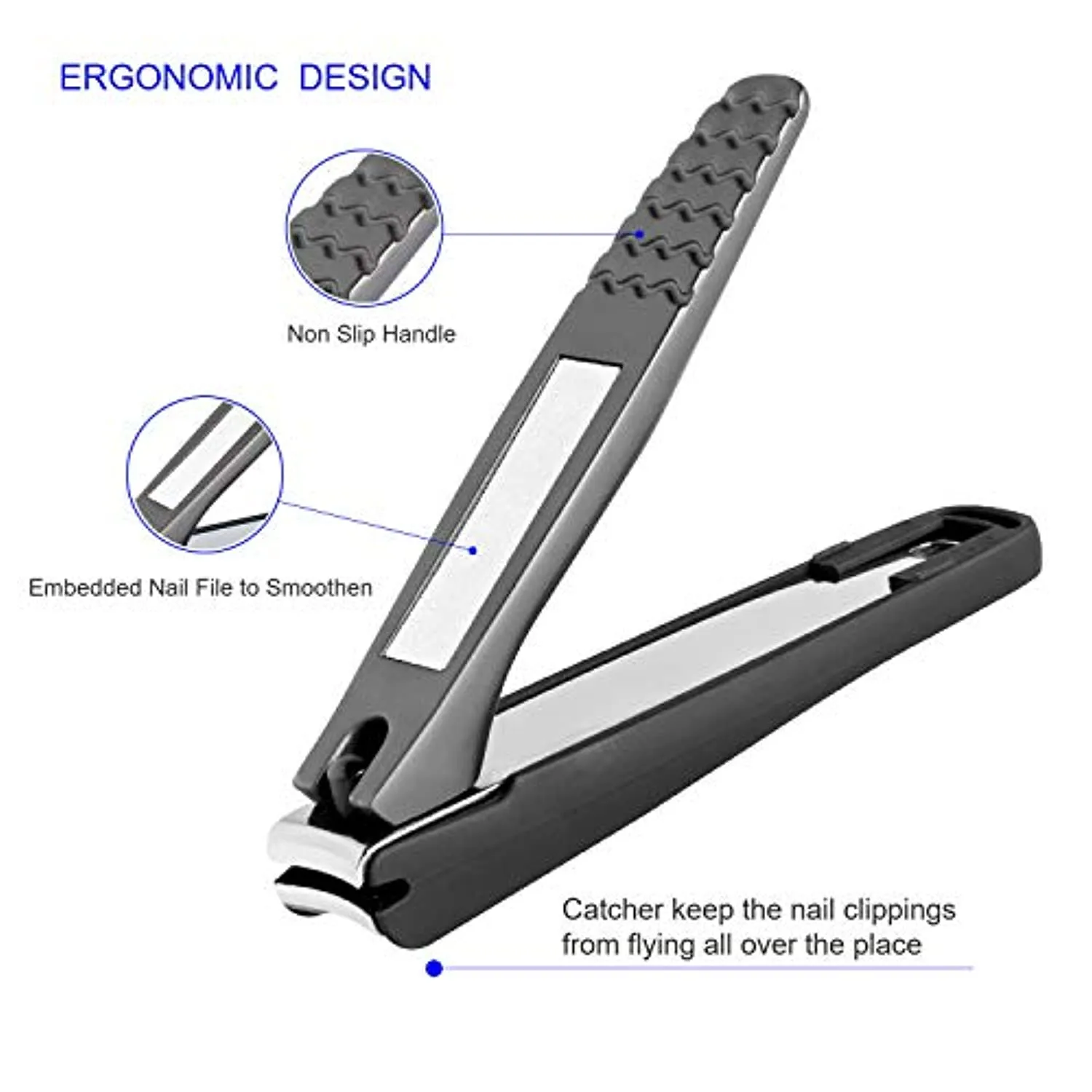 Nail Clippers with Catcher,No Splash Toenail Fingernail Clippers Nail Cutter Trimmer Set with Metal Case,Black Stainless Steel,Good Gift for Women and Men