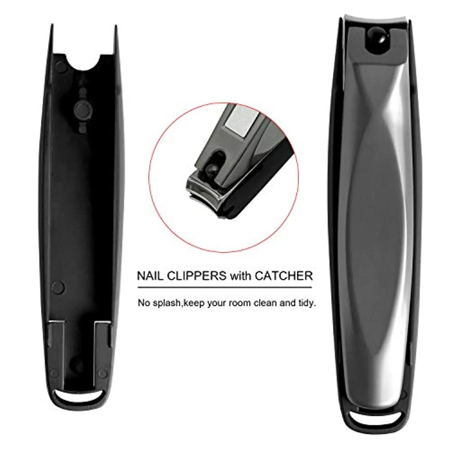 Nail Clippers with Catcher,No Splash Toenail Fingernail Clippers Nail Cutter Trimmer Set with Metal Case,Black Stainless Steel,Good Gift for Women and Men