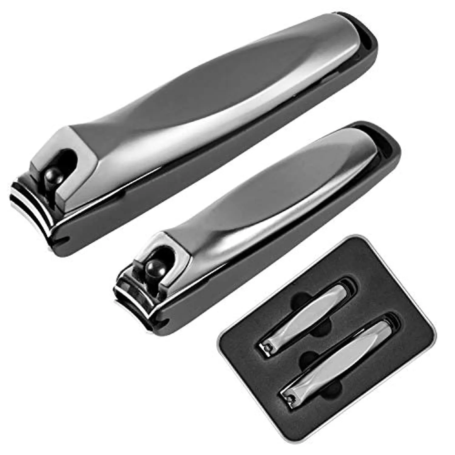Nail Clippers with Catcher,No Splash Toenail Fingernail Clippers Nail Cutter Trimmer Set with Metal Case,Black Stainless Steel,Good Gift for Women and Men