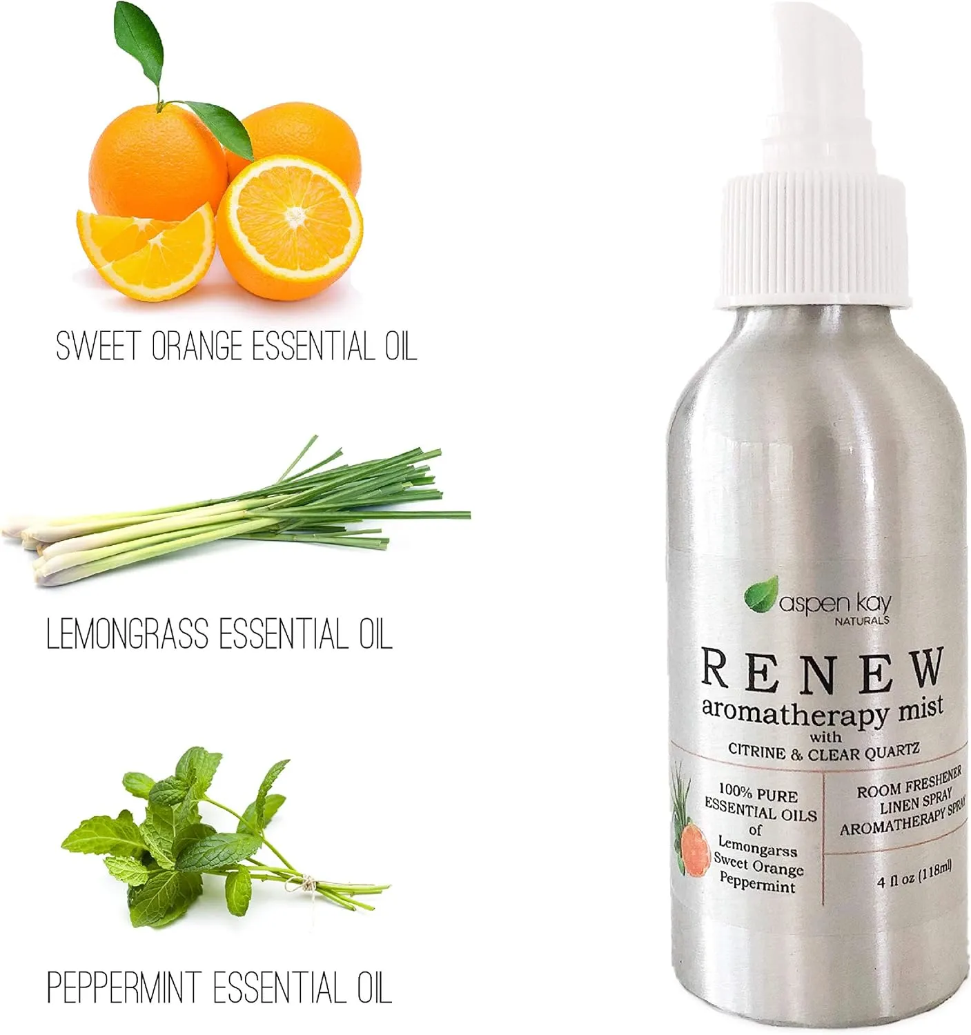 New Aromatherapy Spray, Renew, Refresh & Energize. Citrus Blend, Made with Pure Essential Oils. Room & Linen Spray, with Citrine & Quartz Crystals in Each Bottle. 4oz (Renew - Citrus & Mint)