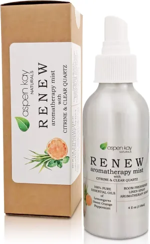 New Aromatherapy Spray, Renew, Refresh & Energize. Citrus Blend, Made with Pure Essential Oils. Room & Linen Spray, with Citrine & Quartz Crystals in Each Bottle. 4oz (Renew - Citrus & Mint)