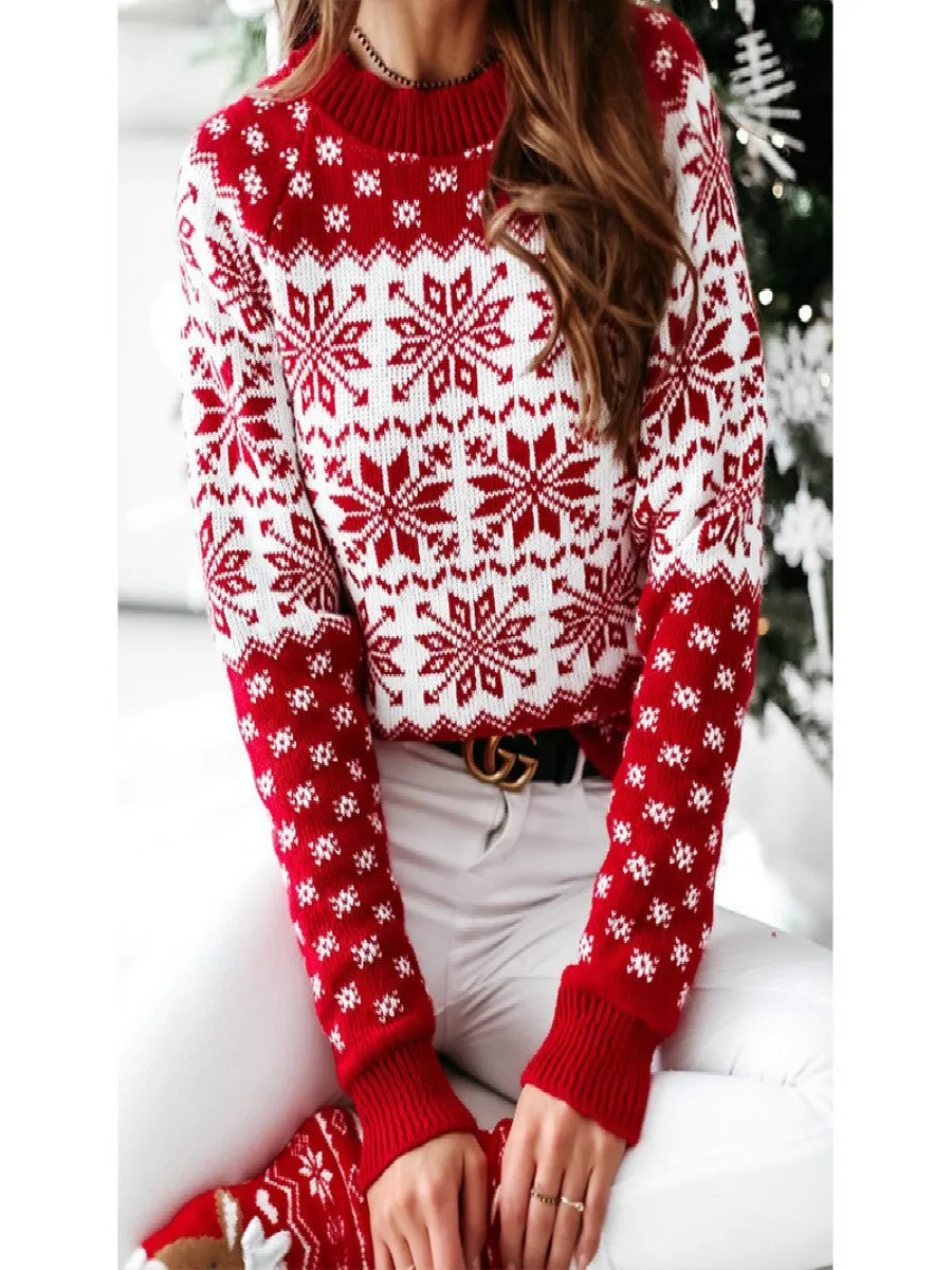 New Christmas Knitted Sweater For Women Snowflake Long Sleeve Knitted Sweater For Women
