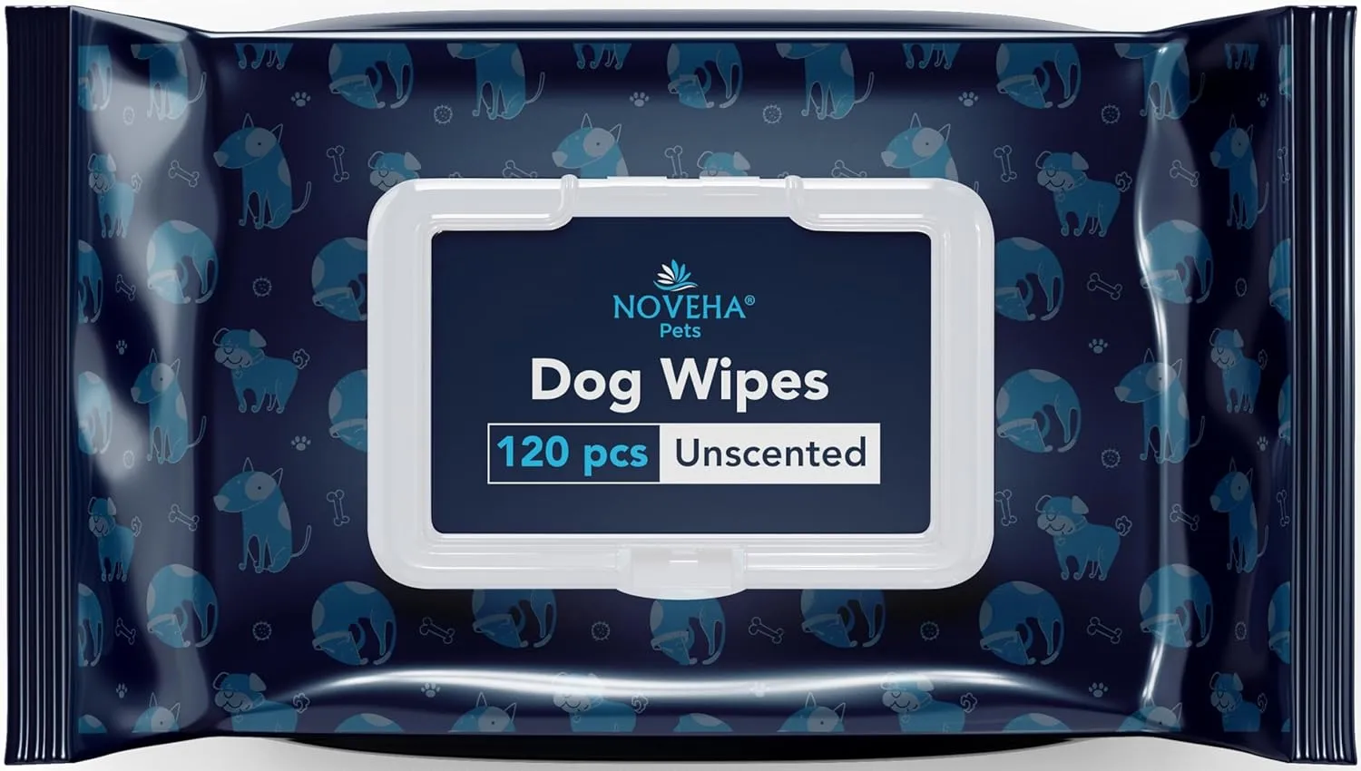 NOVEHA Dog Wipes - Odor Eliminating and Cleaning Grooming Wipes for Dog's Paws, Body, and Butt - Perfect for Puppy and Adult Dogs - Plant-Based, Safe, Convenient & Large Unscented Wipes (120 Counts)