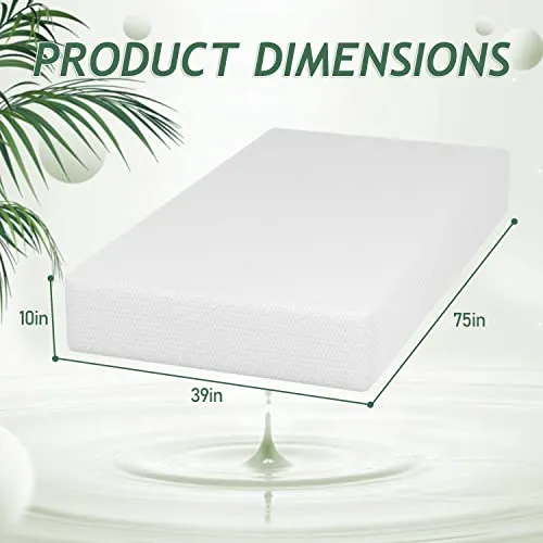 PayLessHere 10 Inch Mattress Green Tea Memory Foam Mattress CertiPUR-US Certified,Removable Soft Cover,Fiberglass Free,Twin mattresses for Bed Frame, Bunk Bed, Trundle, Daybed,White