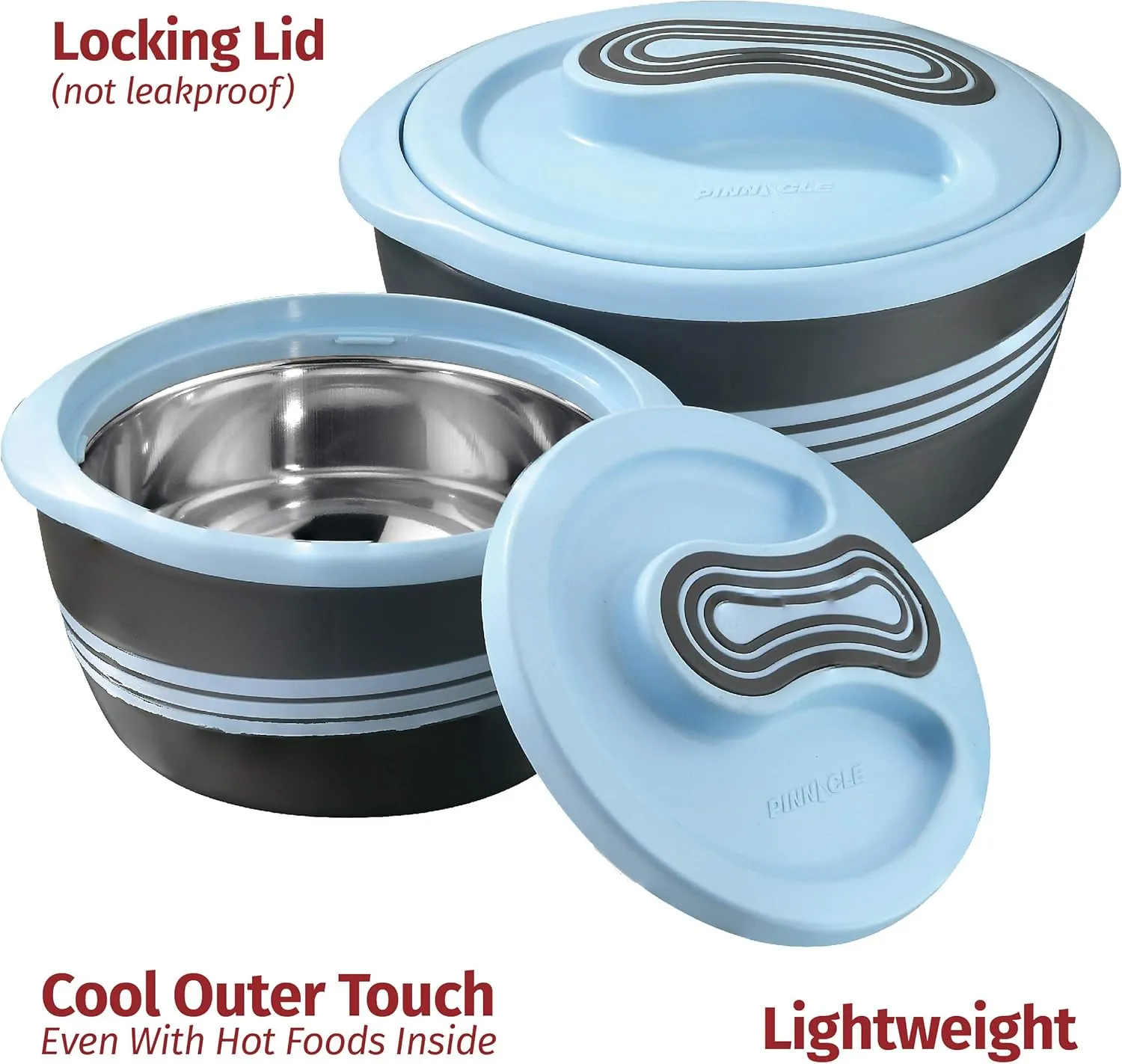 Pinnacle Insulated Casserole Dish with Lid 3 pc. Set 2.6/2/1 qt. Hot Pot Food Warmer/Cooler Thermal Soup/Salad Serving Bowl- Stainless Steel Hot Food ContainerBest Gift Set for Moms Holidays Blue