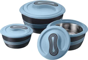 Pinnacle Insulated Casserole Dish with Lid 3 pc. Set 2.6/2/1 qt. Hot Pot Food Warmer/Cooler Thermal Soup/Salad Serving Bowl- Stainless Steel Hot Food ContainerBest Gift Set for Moms Holidays Blue