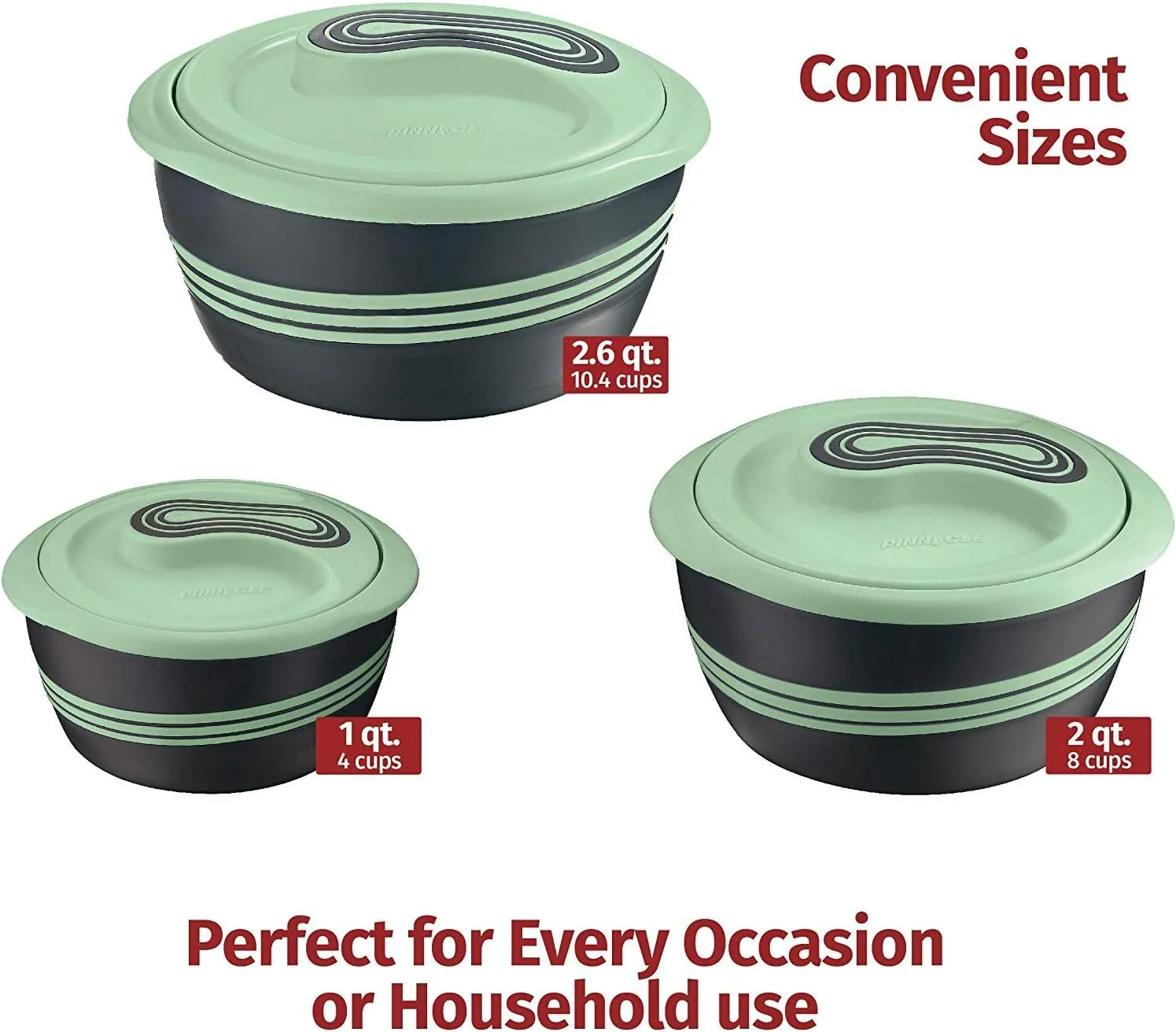 Pinnacle Insulated Casserole Dish with Lid 3 pc Set 2.6/2/1 qt. Hot Pot Food Warmer/Cooler Thermal Soup/Salad Serving Bowl- Stainless Steel Hot Food ContainerBest Gift Set for Moms Holidays Green