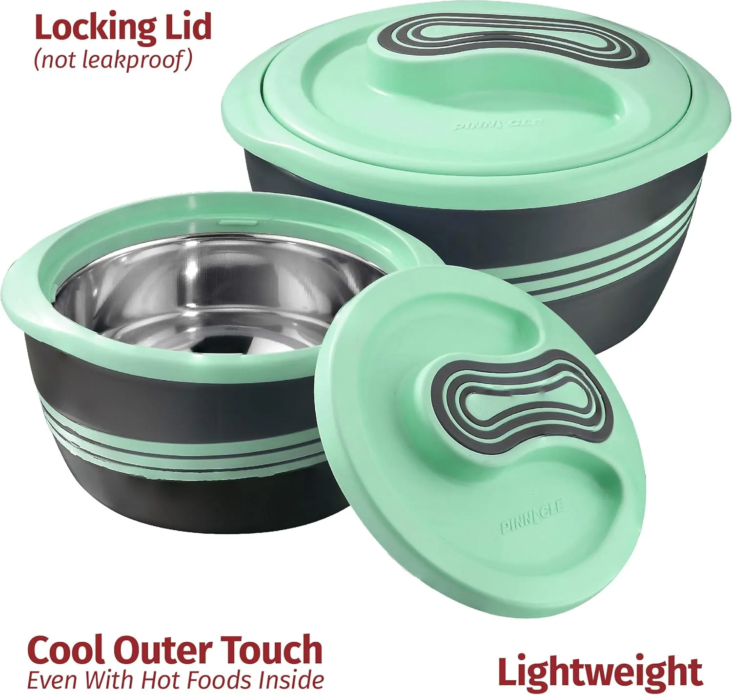 Pinnacle Insulated Casserole Dish with Lid 3 pc Set 2.6/2/1 qt. Hot Pot Food Warmer/Cooler Thermal Soup/Salad Serving Bowl- Stainless Steel Hot Food ContainerBest Gift Set for Moms Holidays Green