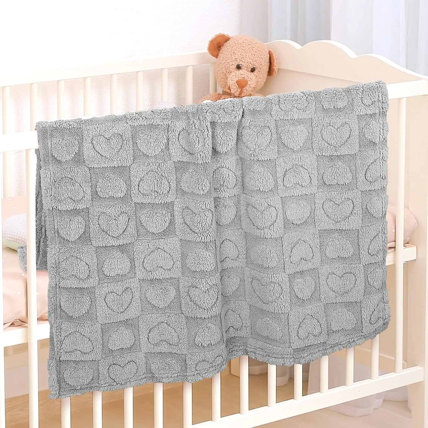 Plush Soft with Heart Checkered Baby Blanket,Fleece Infant Toddler Blankets for Girls Boys,Warm Lightweight Breathable Newborn Receiving Blankets for Crib Stroller 30"39" (Gray,Heart)