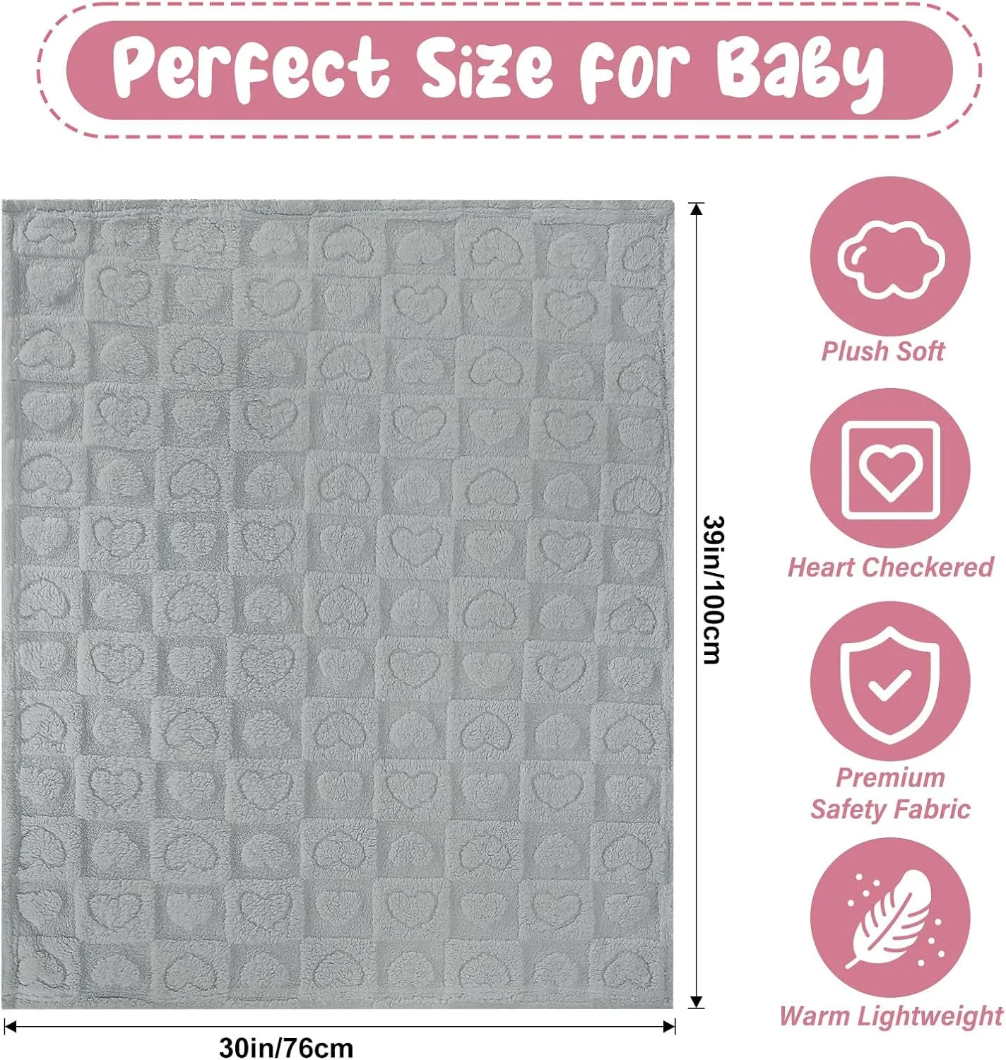Plush Soft with Heart Checkered Baby Blanket,Fleece Infant Toddler Blankets for Girls Boys,Warm Lightweight Breathable Newborn Receiving Blankets for Crib Stroller 30"39" (Gray,Heart)