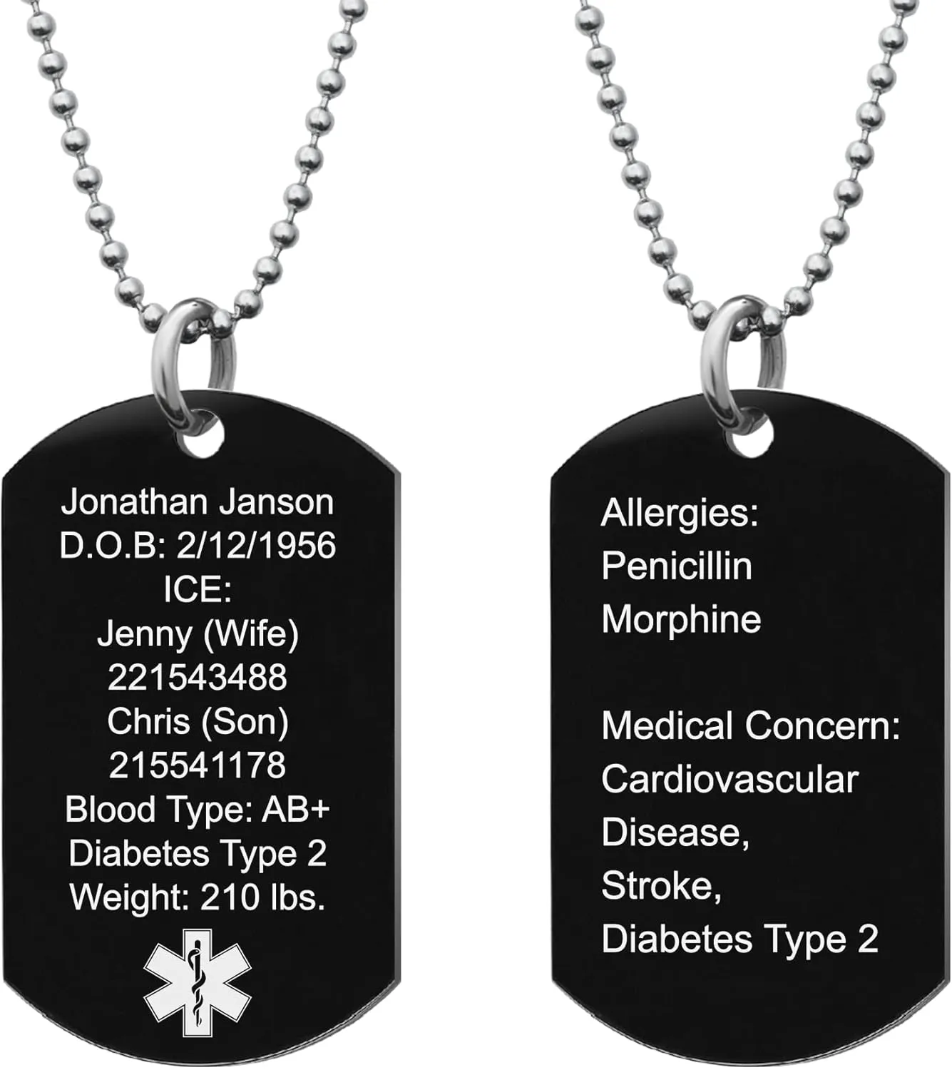 Qina C. Custom Engraved Medical Alert Necklace Stainless Steel ID Tag Emergency ICE Med Jewelry Pendant Personalized Men Women