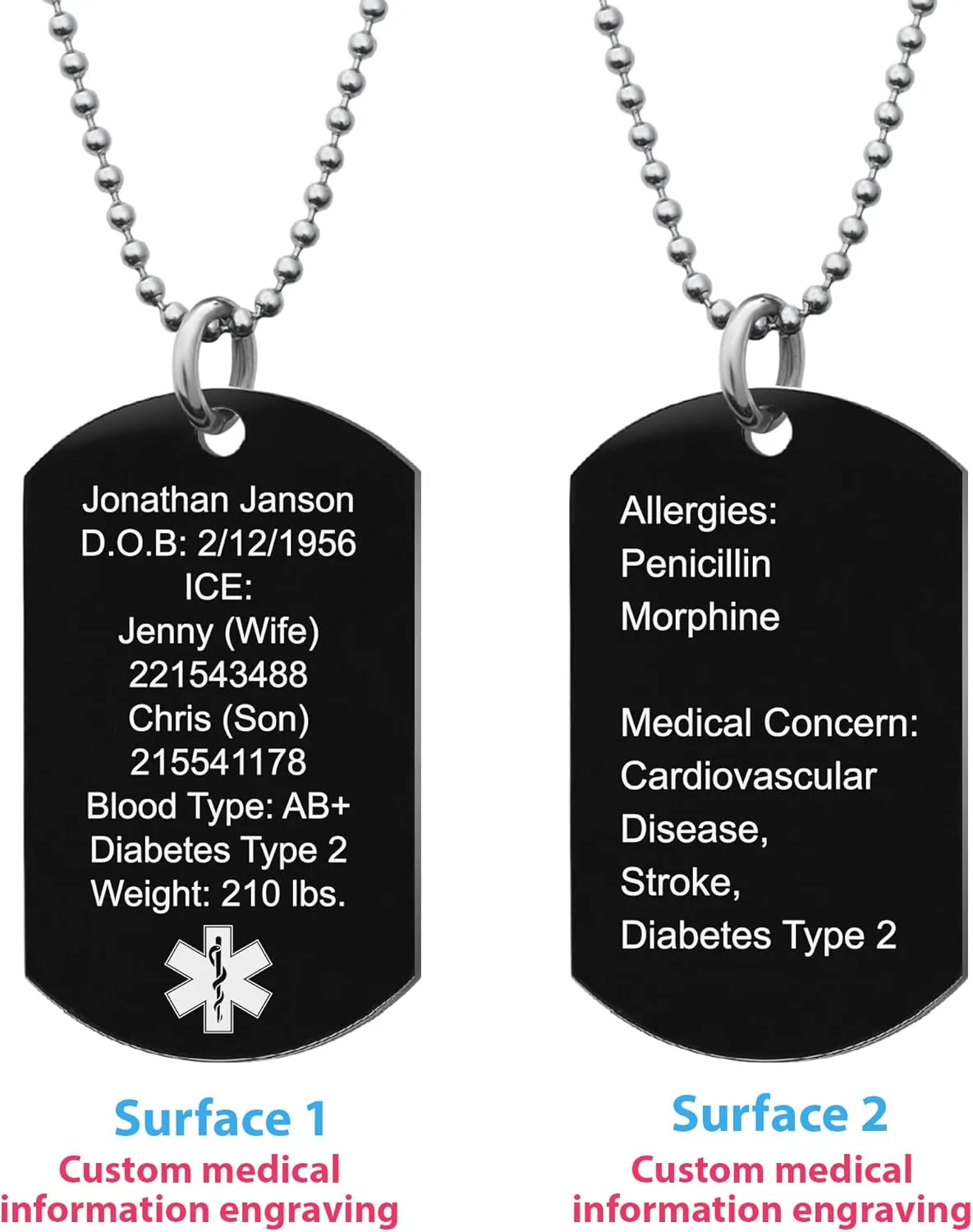 Qina C. Custom Engraved Medical Alert Necklace Stainless Steel ID Tag Emergency ICE Med Jewelry Pendant Personalized Men Women