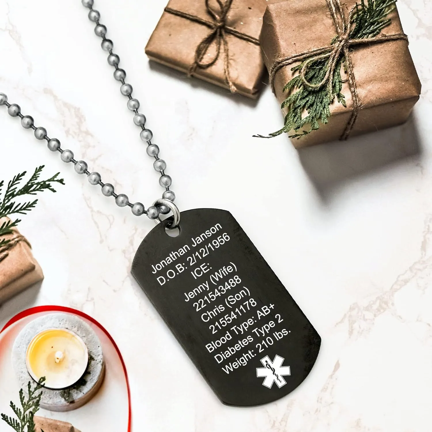Qina C. Custom Engraved Medical Alert Necklace Stainless Steel ID Tag Emergency ICE Med Jewelry Pendant Personalized Men Women