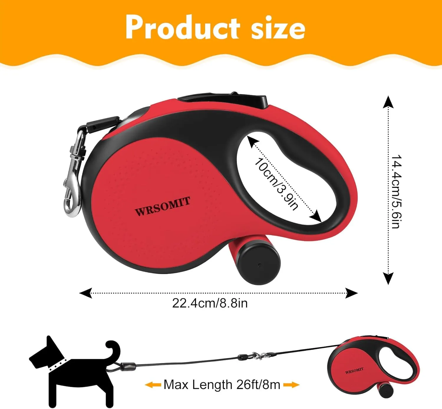 Retractable Dog Leash with Chew Proof Cable, 26Ft Heavy Duty Dog Leash for Medium Large Dogs up to 110lbs, 360 No Tangle, One-Handed Brake (Red)