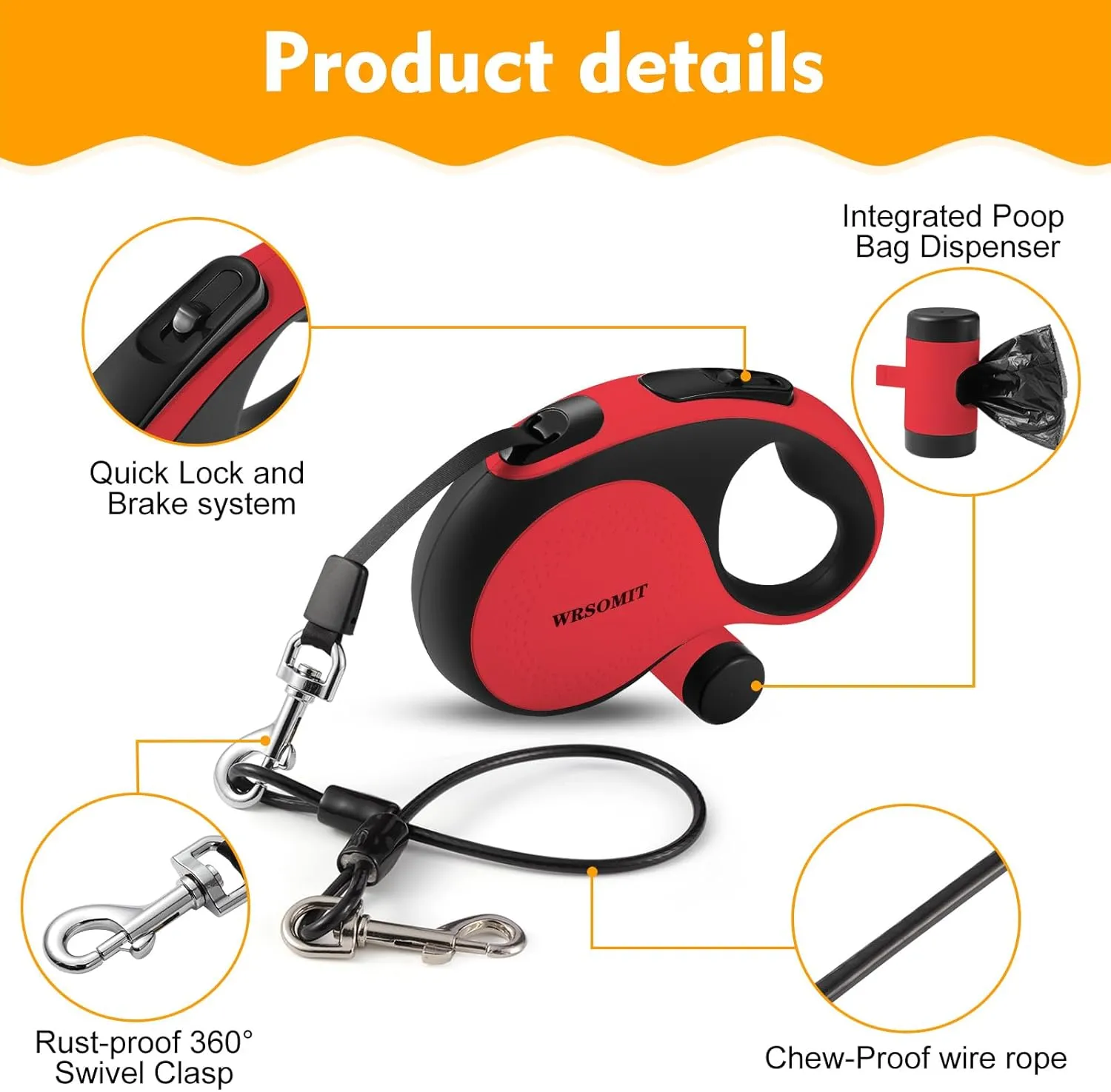 Retractable Dog Leash with Chew Proof Cable, 26Ft Heavy Duty Dog Leash for Medium Large Dogs up to 110lbs, 360 No Tangle, One-Handed Brake (Red)