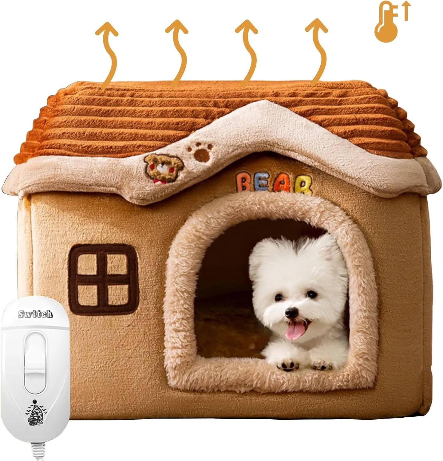 ROYUMI Indoor Heated Cat Bed, Flannel Heating Pet House, 3 Levels Temperature Adjustable, Removable Foldable Small Dog Igloo, Self Heating Pad (Size : Size S)