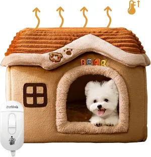 ROYUMI Indoor Heated Cat Bed, Flannel Heating Pet House, 3 Levels Temperature Adjustable, Removable Foldable Small Dog Igloo, Self Heating Pad (Size : Size S)