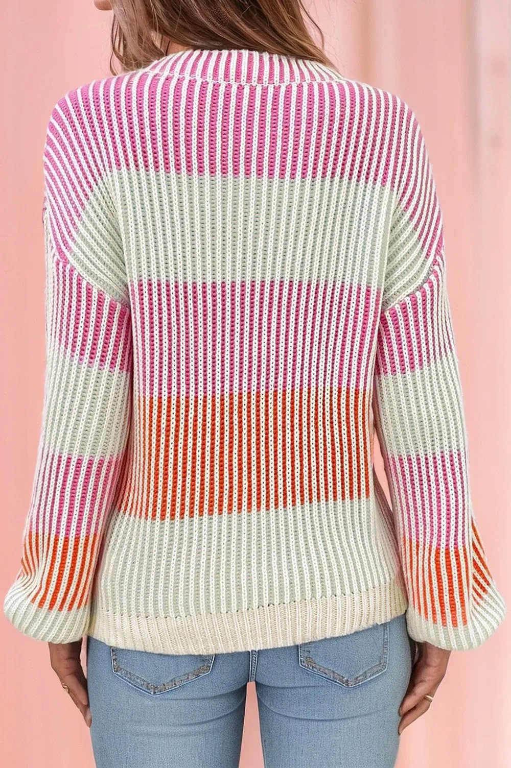 Ryder Colorblock Lantern Sleeve Rib Knitted Sweater - Pink